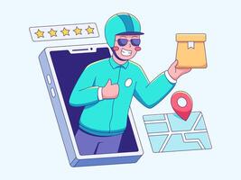 Happy delivery man with package from phone screen showing map and five stars rating. vector