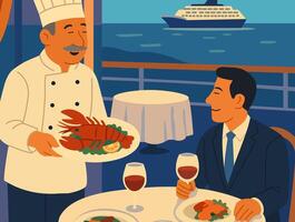 A chef serves a freshly prepared lobster dish to a happy diner with a seascape view from restaurant on a cruise ship, creating an ambience of luxury. vector