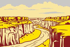 A drawing of a canyon with a river running through it vector