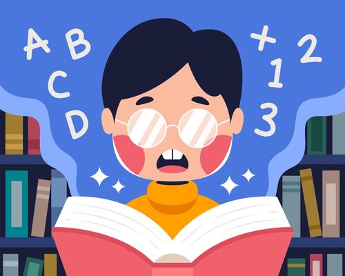Discovering the Joy of Reading, A cheerful boy engrossed in a book, surrounded by letters and numbers, in a vibrant library setting.