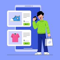 A man is choosing a product in an online marketplace using a smartphone Illustration vector