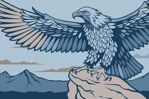 Eagle standing on top of a mountain with its wings spread out vector