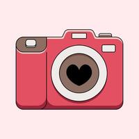A vibrant illustration showcases a camera with a heart-shaped lens, representing the art of capturing memories with love and affection. vector