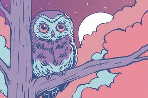 An owl sitting on a tree branch with the moon in the background vector