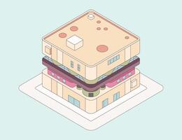 A whimsical architectural marvel, intricately designed to mimic the layers of a culinary sandwich, each floor representing a different ingredient of the sandwich, and set against a pastel backdrop vector