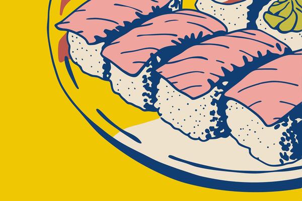 A plate of sushi with a yellow background