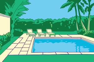 A cartoon drawing of a pool and lounge chairs vector