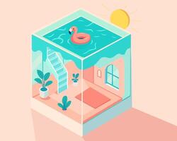 A whimsical illustration showcases a serene oasis with a charming indoor pool and a whimsical flamingo float, perfect for a relaxing and imaginative escape. vector