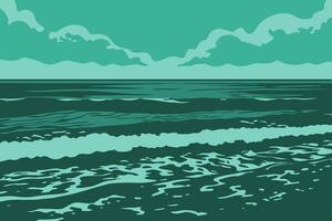 A green and blue ocean with waves and clouds vector