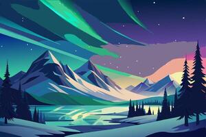 An illustration of the aurora borealis in the sky vector