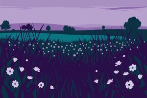 A field with flowers and grass at dusk vector