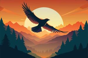 A bird flying over a mountain range with trees and a sunset vector