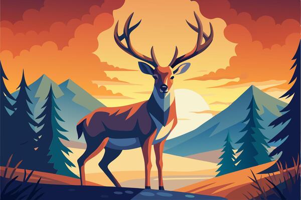 A deer stands in front of a mountain and a sunset