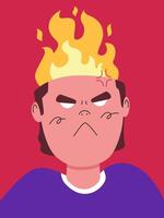 An animated depiction of intense frustration, a figure's head erupts in flames, vividly expressing the emotion of being infuriated. vector