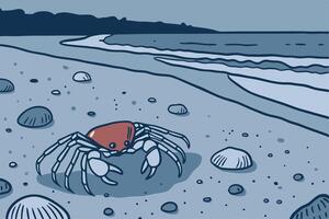 A crab on the beach with shells and rocks vector
