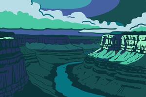 A painting of a canyon with a river running through it vector