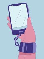 A poignant illustration visually interprets the grasp of smartphone addiction, a digital leash binds the device to a wrist. vector