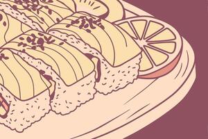 A drawing of sushi with slices of lemon vector