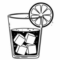 A black and white drawing of a glass of ice cubes and a slice of lemon vector