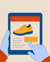An illustration of shopping for shoes with tablet, the ease of the online marketplace displayed. Hands interact with a tablet interface, purchasing new shoes. vector