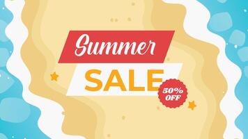 Horizontal summer sale background with sandy beach and red badge. vector