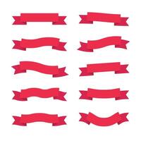 Set of red ribbon banners with multiple shapes and curves for festive or graphic use. vector