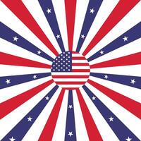 Bursting rays in red, white, and blue with central flag for 4th of July. vector
