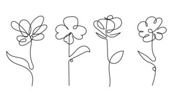 One line flower drawing simple floral doodles. vector