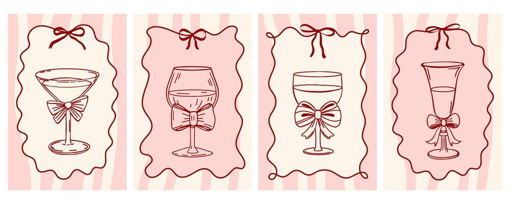 Hand drawn whimsical greeting cards with elegant wine glasses with bows in vintage ribbon frames. Hand drawn sketch illustration