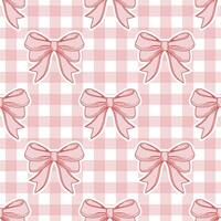 Seamless pattern, hand drawn elegant pink bows on gingham checkered fabric. vector