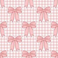Seamless pattern, hand drawn elegant pink bows on gingham checkered fabric. Flirty background. vector