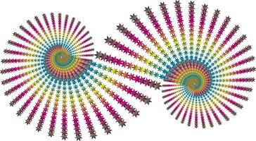 Two symmetrical spirals facing each other, each composed of eight-pointed star-shaped elements. The colors of the stars form a rainbow gradient vector