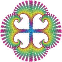 Symmetrical pattern with four arches that turn inward, forming a flower or windmill shape. Each arch is decorated with jagged lines in various colors vector