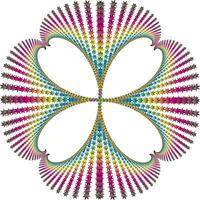 Symmetrical fractal pattern shaped like a four-petal flower. Each petal is formed from a row of eight-pointed stars arranged in a spiral with rainbow color gradations vector