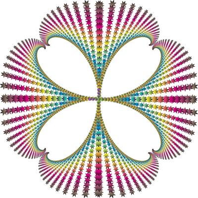 Symmetrical fractal pattern shaped like a four-petal flower. Each petal is formed from a row of eight-pointed stars arranged in a spiral with rainbow color gradations