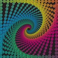 Digital illustration of rainbow hexagonal patterns forming dynamic spirals, creating the illusion of depth and movement in 3D vector