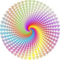 A geometric spiral pattern composed of rainbow-colored six-pointed star shapes, forming a dynamic and harmonious symmetrical vortex vector