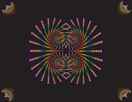 A rainbow-colored symmetrical spiral pattern that forms an arrangement that resembles an abstract eye or mask, surrounded by similar ornamentation at the four corners of the solid black field vector