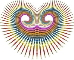 Symmetrical heart-shaped composition built from thousands of small rainbow-colored balls. The color gradation from pink, yellow, blue to green creates visual depth and dynamic movement vector