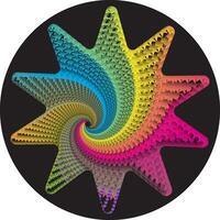 Digital illustration with a complex spiral pattern in the shape of a spoked star. Rainbow gradient colors create a visual effect that twists towards the center vector