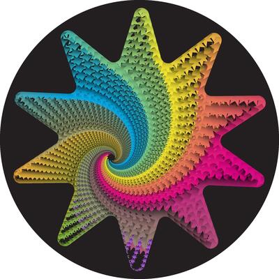Digital illustration with a complex spiral pattern in the shape of a spoked star. Rainbow gradient colors create a visual effect that twists towards the center