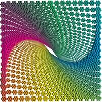 Digital visuals with colorful hexagonal patterns forming symmetrical swirls, creating an optical illusion of depth and movement against a white background vector