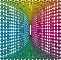 Symmetrical corridor optical illusion with 3D sensation, color gradation, bright color dominance and high contrast vector