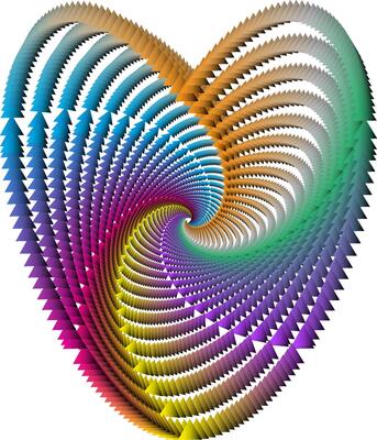 Colorful geometric heart with spiral and arrow design
