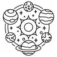 Outline Astronomy Icon, Telescope and Planets in Orbit vector