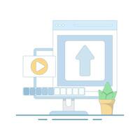 upload illustration for Streaming Platform, Internet user uploading , streaming file. Social, and Content Sharing. Flat Cartoon . vector