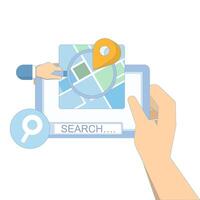concept of finding location on map. Search Bar and Pin. GPS and Navigation Symbol. GPS Pointer Marker. Elements for Maps, Social Media, Mobile Apps. flat cartoon design illustration on background. vector