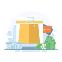 E-commerce concept. Computer and shopping bag are symbols of online shopping. E-commerce online shopping via mobile phone. Making purchases using mobile applications. Flat design illustration. vector