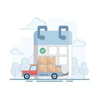 Delivery By Date Concept. Delivery schedule with trucks and calendar. Delivery tracking system receives data. Estimated delivery date on e-commerce site for customers to see. Cartoon illustration. vector