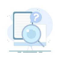Knowledge Search Concept. Browse information and facts learned. case study, business information search, product feature analysis. Document with magnifying glass. flat design illustration. vector
